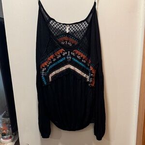 Free People Black Blouse with Multicolor Embroidery